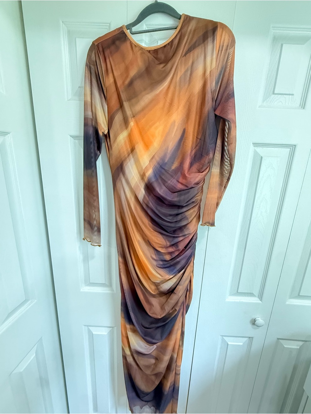 Long Sleeve Ruched Maxi Dress in Sunset Marble Hues